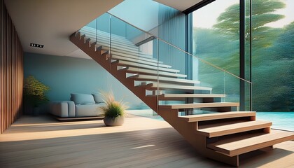 Obraz premium minimalist floating wooden stairs with glass railing in contemporary home n quiet luxury design