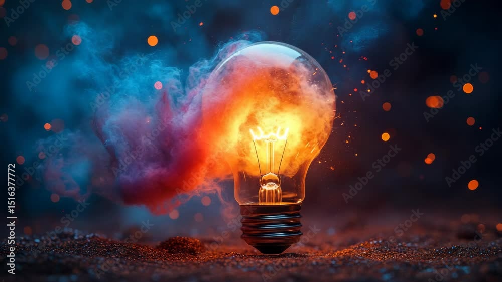 Poster glowing light bulb with colorful smoke in a dark and mysterious setting