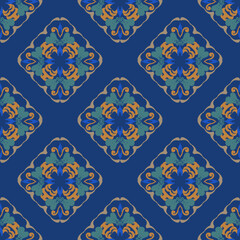 Ikat seamless pattern with decorative ornament in blue colors. Vector illustration. Ideas for Portuguese tiles, Spanish pottery, textiles, and rugs.
