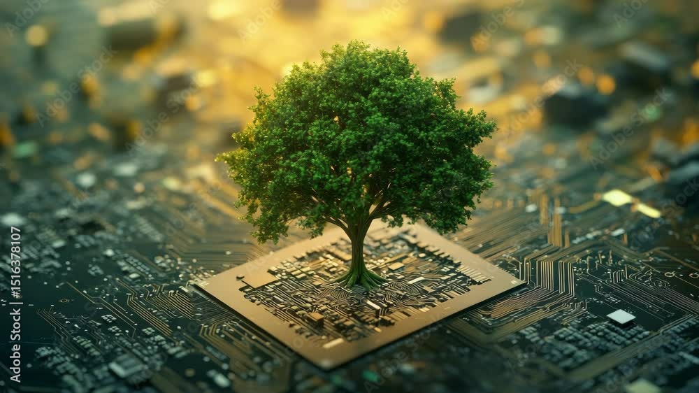 Poster Tree growing from a computer chip symbolizing nature and technology harmony