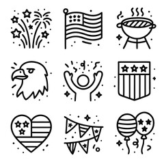 Independence Day celebration with fireworks, eagle, grill, flag for festive designs. Suitable for patriotic holiday promotions, event posters, social media graphics.