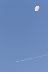 A plane crosses a clear blue sky, leaving a thin condensation trail, while the moon is visible in broad daylight. A minimalist scene evoking calm, altitude, and travel.