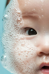 Fototapeta premium Close-up of bubbles with child on the light blue background