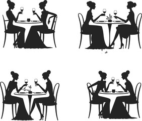 Elegant Women Socializing Over Wine at a Fine Dining Table – Sophisticated Silhouettes Perfect for Luxury Lifestyle and Dining Concepts flat vector illustration