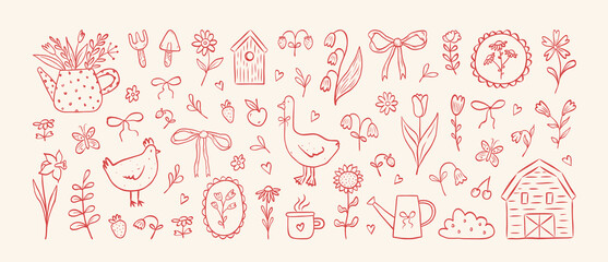 Vintage hand drawn cute cottagecore elements in sketch style. Line art. Flowers, bows, barn, goose, strawberry, butterfly. Gardening and country lifestyle. Vector spring summer illustration.