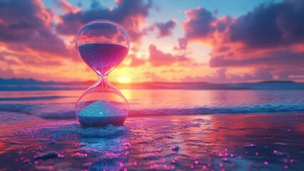 Hourglass on a beach with vibrant sunset and reflections, concept of time passing - Powered by Adobe