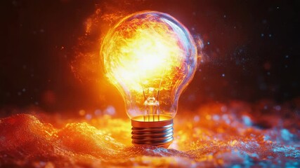 Incandescent light bulb with fiery core in a vibrant abstract setting
