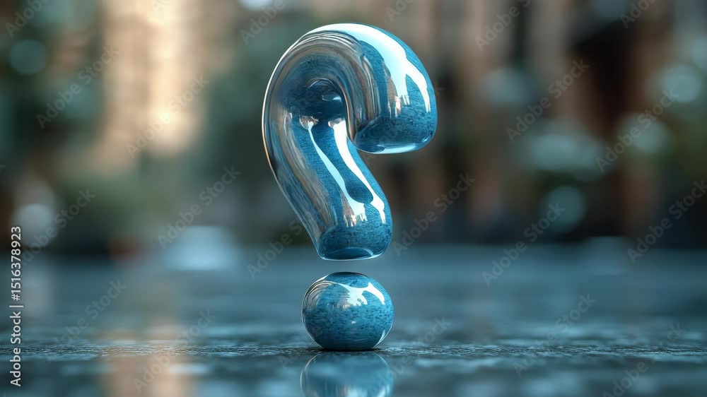 Poster glossy blue question mark on blurred reflective surface, abstract concept image