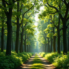 Obraz premium Forest Path Through Lush Green Trees Leading to Sunlight