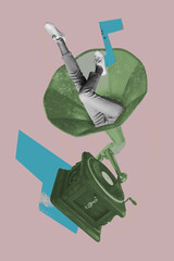 Vertical poster image collage of anonym human peek gramophone retro music celebration playlist...