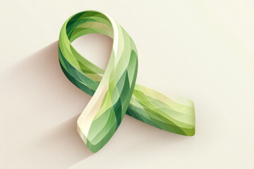 Green ribbon illustration representing awareness for various health issues, featuring smooth gradients and a soft shadow for visual depth and impact