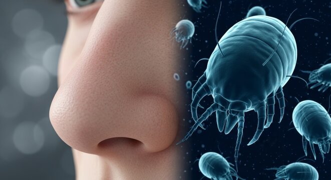 Close-up view of human nose and dust mites interaction