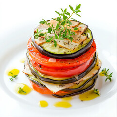 A colorful vegetable ratatouille arranged with layers of zucchini, tomato, and eggplant, finished with olive oil and fresh thyme.