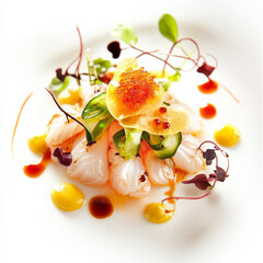 A Japanese-inspired ceviche starter with white fish marinated in citrus and soy, topped with wakame, wontons, and spicy mayo drizzle.