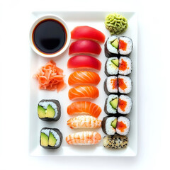 A selection of sushi with tuna, salmon, shrimp nigiri, and colorful maki rolls, served with wasabi, soy sauce, and pickled ginger.