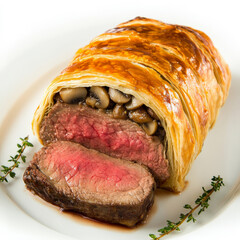 A traditional beef Wellington with tenderloin wrapped in mushroom duxelles and golden puff pastry, sliced to show its rosy interior.