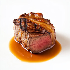 A seared cut of meat with a rich golden crust and velvety sauce, showcasing high-end culinary skill and presentation.