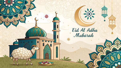 Vector of Eid Al Adha Mubarak for the celebration of Muslim community festival, Generative AI