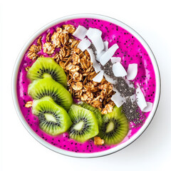 A tropical smoothie bowl made from dragon fruit, topped with granola, kiwi, coconut flakes, and chia seeds for a vibrant breakfast.