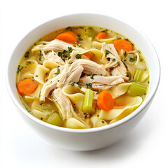 A bowl of chicken noodle soup filled with shredded chicken, carrots, celery, and noodles in a hearty, savory broth.