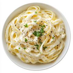 A bowl of fettuccine Alfredo with rich Parmesan sauce, thick noodles, cracked pepper, and parsley, served hot and creamy.