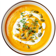 A creamy butternut squash soup topped with toasted pumpkin seeds, a swirl of cream, and fresh herbs perfect for fall.