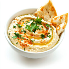 Smooth hummus in a bowl topped with olive oil, paprika, and herbs, served alongside soft, warm pita slices.