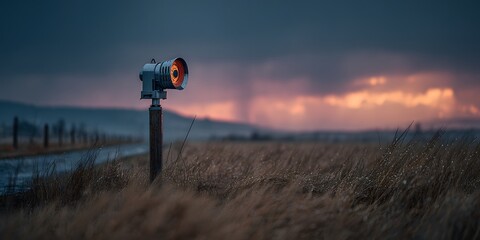 Obraz premium Chrome cup anemometer atop weathered steel pole against stormy twilight skies with slate grey and purple gradient. Rain droplets visible on sensors; blurred grassland.
