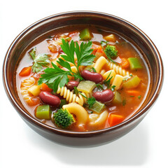 A vibrant bowl of minestrone with vegetables, pasta, and beans in tomato broth, garnished with parsley and a touch of olive oil.
