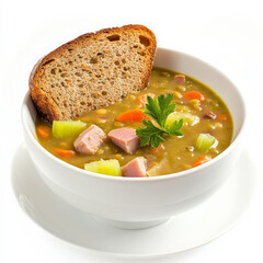 A hearty split pea soup with smoky ham, carrots, and celery, served with buttered rye bread e a satisfying warm meal.