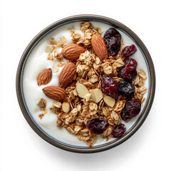 A crunchy bowl of granola featuring oats, almonds, cranberries, and honey-roasted nuts, served over fresh yogurt.