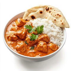 A homemade bowl of chicken tikka masala with creamy tomato curry and tender chicken, served with rice and naan for a complete dish.