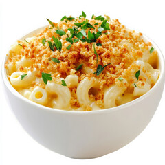 A creamy bowl of mac and cheese with melted cheddar sauce, topped with golden breadcrumbs and fresh herbs for garnish.