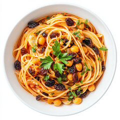 A fusion pasta bowl with spaghetti, chickpeas, harissa, raisins, almonds, and preserved lemon, blending Italian and North African flavors.