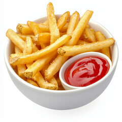 A bowl of golden French fries, crispy outside and soft inside, paired with classic ketchup e the ultimate snack food.