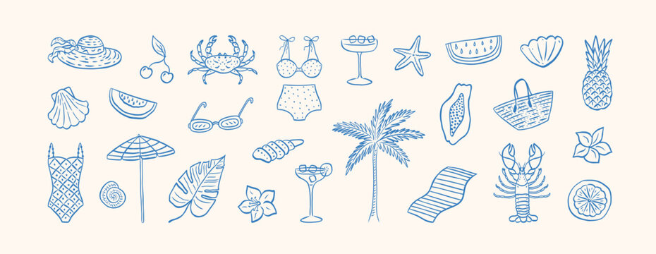 Summer vacation doodle illustration set. Beach and sea travel elements. Hand drawn palm tree, fruit, lobster, seafood, shell, bikini, cocktail. Coastal collection for card, prints, wedding invitation.