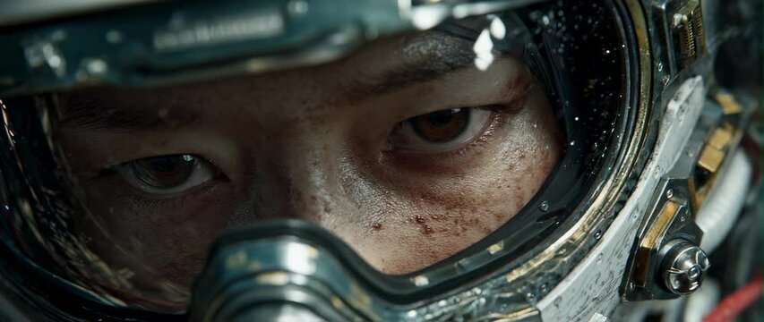 Anamorphic video Close-up 3d animation astronaut&rsquo;s face with a focus on her eyes