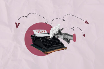 Art poster collage of type machine with arrows sending press paper hold bunch tulips on pink background