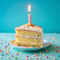 Birthday Cake Cutout with Candles and Confetti on a Pastel Blue Background. design illustration