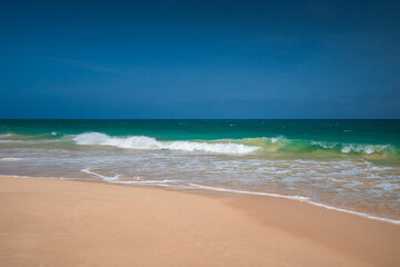 Beautiful tropical beach on Boa Vista Island, Cape Verde, featuring golden sand, clear turquoise water, and a sunny blue sky – ideal travel and vacation destination