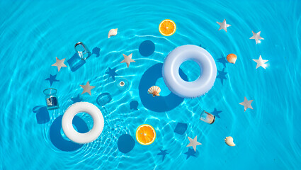 Obraz premium Summer Pool Fun Top View of Blue Water with Floating Rings, Oranges, and Star Decorations 