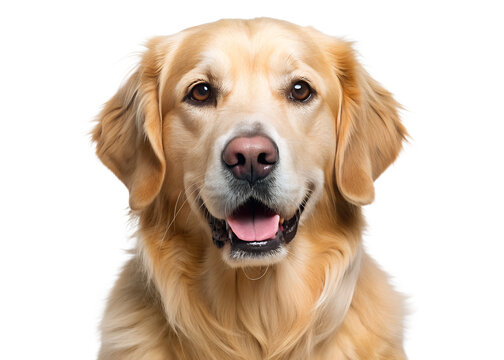 Happy golden retriever dog smiling in a cute pose with half body and open mouth white background
 - Powered by Adobe