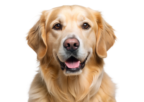 Happy golden retriever dog smiling in a cute pose with half body and open mouth white background
