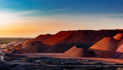Naklejka premium vast iron ore slag heaps with earthy tones of red brown and black rising dramatically against a clear sky at sunrise in a mining landscape