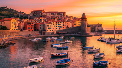 Evocation de Collioure en France, vue panoramique au coucher du soleil