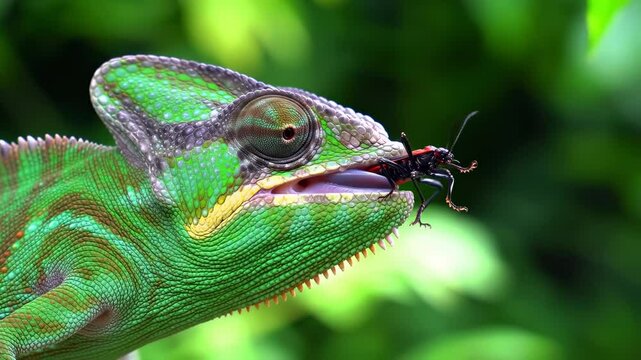 Chameleon eating insect closeup