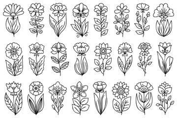 Abstract line art, hand drawn flowers set. Collection of outline flowers with stem and leaves, drawn with black thin line, isolated on white background.