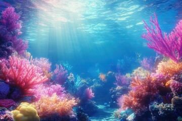 Obraz premium Underwater scene with colorful corals and sun rays beaming through clear water. Showcase marine life and underwater beauty to illustrate ocean conservation.