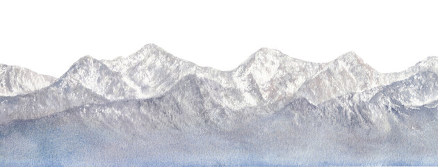 Watercolor Realistic Mountain Landscape Illustration, Snowy Peaks and Sky Scene