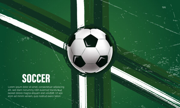Grunge soccer template with football ball on green textured background and white lines, ideal for sports flyers, tournament posters, or team advertisements.